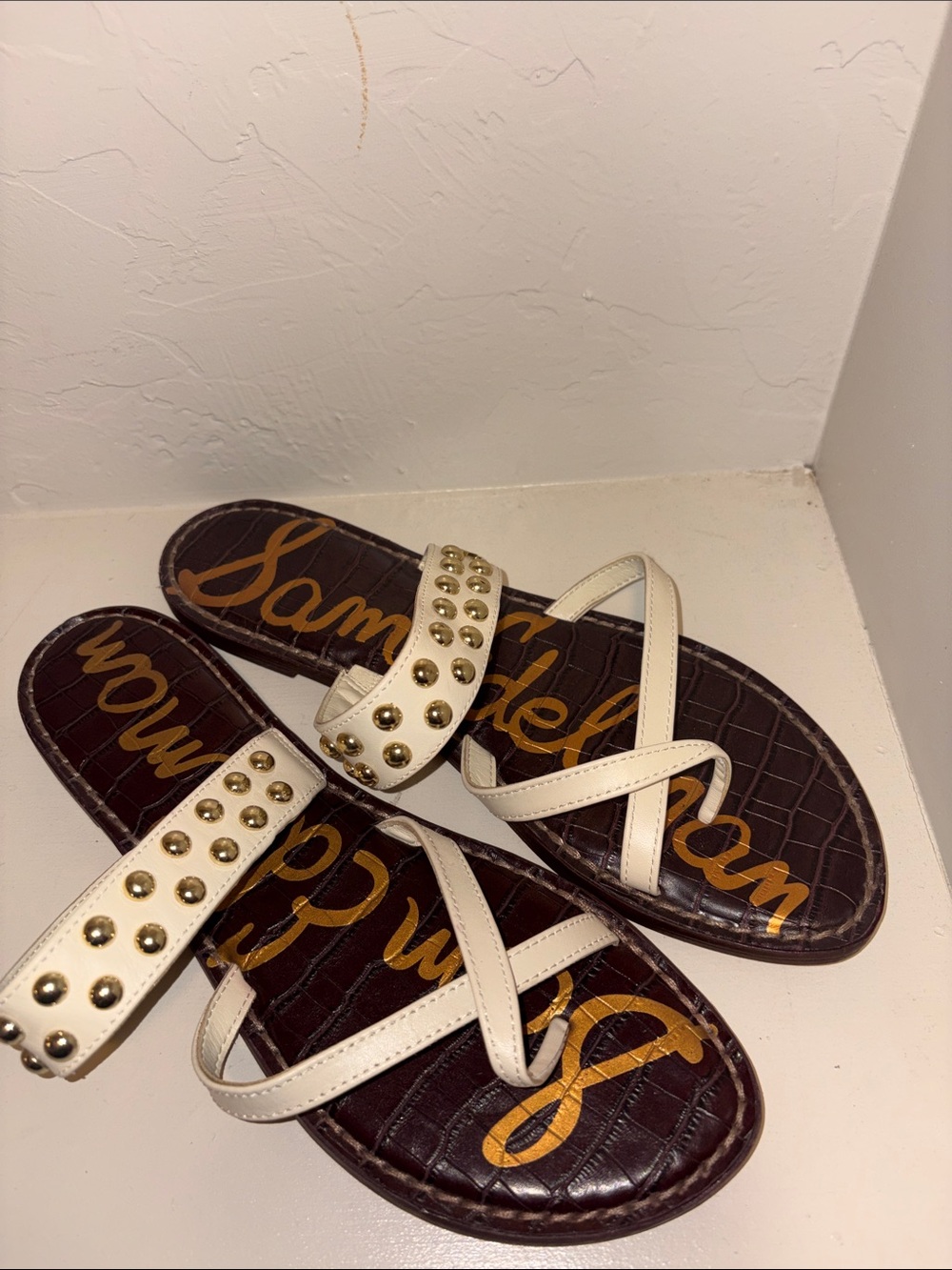Sam Edelman Cream Leather Studded Crisscross Slide Sandals
